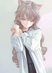Rule 34 | 1girl, animal ears, black shirt, black skirt, blush, brown hair, cat ears, cat girl, closed mouth, coat, collared shirt, commentary, curly hair, fkey, hair between eyes, hands on shoulder, highres, long hair, looking at viewer, original, oversized clothes, own hands together, pink eyes, shirt, simple background, skirt, solo, standing, symbol-only commentary, white background, white shirt