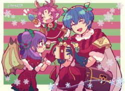 Rule 34 | 1boy, 2girls, antlers, bell, blue hair, blush stickers, bow, box, brown gloves, closed eyes, dragon wings, dress, facial mark, fae (fire emblem), fae (winter) (fire emblem), fire emblem, fire emblem: mystery of the emblem, fire emblem: the binding blade, fire emblem: the sacred stones, fire emblem heroes, forehead mark, from side, fur trim, gift, gift box, gloves, highres, holding, horns, kiriya (552260), long sleeves, marth (fire emblem), marth (winter) (fire emblem), multi-tied hair, multiple girls, myrrh (fire emblem), nintendo, open mouth, pointy ears, purple hair, red eyes, red gloves, reindeer antlers, short hair, short sleeves, snowflakes, tiara, twintails, twitter username, wings