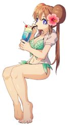 Rule 34 | 1girl, ankea (a-ramo-do), bare legs, barefoot, bikini, blue bikini, blue eyes, breasts, brown hair, cherry, cleavage, closed mouth, creatures (company), cup, double bun, drink, drinking glass, drinking straw, feet, flower, food, fruit, full body, game freak, hair between eyes, hair bun, hair flower, hair ornament, long hair, looking at viewer, medium breasts, navel, nintendo, no shoes, open clothes, open shirt, pokemon, pokemon bw2, puffy sleeves, rosa (pokemon), shirt, simple background, sitting, smile, smiley face, soles, solo, swimsuit, toes, white background, white shirt