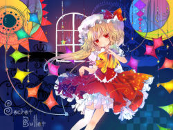 Rule 34 | 1girl, aquarius (constellation), asymmetrical clothes, blonde hair, bow, capricorn (constellation), colored eyelashes, crescent, crescent moon, eyelashes, female focus, finger to mouth, flandre scarlet, gemini (constellation), hat, highres, leo (constellation), libra (constellation), mob cap, moon, one side up, pisces (constellation), red eyes, sagittarius (constellation), side ponytail, single thighhigh, skirt hold, solo, star (symbol), thighhighs, torii sumi, torn clothes, touhou, virgo (constellation), wallpaper, white thighhighs, wings