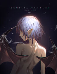 Rule 34 | 1girl, absurdres, bat wings, blue hair, character name, closed eyes, commentary, copyright name, cross, cross earrings, dark background, earrings, from behind, highres, jewelry, nude, pointy ears, remilia scarlet, short hair, solo, touhou, upper body, vampire, wing ribbon, wings, ycl 090