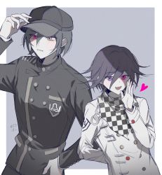 Rule 34 | 2boys, :d, ahoge, alternate eye color, arm behind back, bad id, bad pixiv id, black hair, black headwear, black jacket, blush, breast pocket, buttons, checkered clothes, checkered neckwear, checkered scarf, commentary request, danganronpa (series), danganronpa v3: killing harmony, double-breasted, gakuran, grey background, grey jacket, hair between eyes, hand up, hat, heart, heterochromia, highres, jacket, jey (j3y), long sleeves, looking at viewer, male focus, multiple boys, open mouth, oma kokichi, pink eyes, pocket, saihara shuichi, scarf, school uniform, short hair, smile, upper body, white background