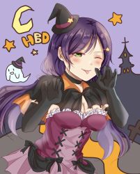 Rule 34 | 10s, 1girl, 2019, architecture, artist name, artist request, black thighhighs, blush, breasts, cape, dancing stars on me!, elbow gloves, female focus, ghost, gloves, green eyes, hair ornament, hat, highres, long hair, looking at viewer, love live!, love live! school idol project, mini hat, mini witch hat, moon, one eye closed, purple hair, purple sky, sky, solo, star (sky), star (symbol), star hair ornament, starry sky, thighhighs, tongue, tongue out, tojo nozomi, twintails, witch hat