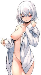 Rule 34 | 1girl, aged up, breasts, highres, jacket, medium breasts, naked jacket, navel, nipples, open clothes, open jacket, original, otokuyou, parted lips, red eyes, short hair, simple background, solo, white background, white hair
