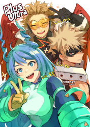 Rule 34 | 1girl, 2boys, ahoge, anger vein, artist name, bakugou katsuki, bare shoulders, black gloves, blue eyes, blue hair, boku no hero academia, breasts, brown coat, clenched teeth, coat, commentary, drill hair, english commentary, english text, facial hair, feathered wings, forehead, fur trim, gloves, goatee, hadou nejire, hair between eyes, hand up, hawks (boku no hero academia), kadeart, large breasts, large wings, long hair, looking at viewer, mask, multiple boys, open mouth, red eyes, red wings, simple background, sparkle, spiked hair, stubble, teeth, thai commentary, toned, toned male, twin drills, upper body, upper teeth only, white background, wings, yellow eyes, yellow gloves