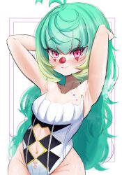 Rule 34 | 1girl, absurdres, ahoge, armpits, arms up, bare shoulders, blunt bangs, blush, boosauce03, clothing cutout, clown nose, collarbone, coni confetti, eyelashes, facial mark, green hair, highleg, highleg leotard, highres, idol corp, leotard, long hair, looking at viewer, multicolored hair, navel, navel cutout, red eyes, sidelocks, solo, strapless, strapless leotard, sweat, two-tone hair, white leotard, zipper