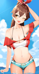 Rule 34 | 1girl, ;d, absurdres, amber (genshin impact), aqua shorts, arm at side, arm up, bad id, bad pixiv id, belt, belt buckle, bikini, bikini under clothes, black bikini, blue sky, blush, bow, bow hairband, breasts, brown hair, buckle, cleavage, cloud, collarbone, cowboy shot, crop top, day, earrings, eyeshadow, genshin impact, hairband, hand on own head, head tilt, highres, jewelry, long hair, looking at viewer, makeup, medium breasts, mutsu ane daisuki, nail polish, navel, ocean, off-shoulder shirt, off shoulder, one eye closed, open mouth, orange eyes, outdoors, ponytail, red bow, red nails, red shirt, revision, shirt, short shorts, shorts, skindentation, sky, smile, solo, stomach, swimsuit, teeth, thong bikini, upper teeth only, wading, water
