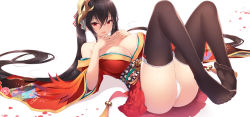 Rule 34 | 1girl, ahoge, ass, azur lane, bare shoulders, bell, black hair, black thighhighs, blush, breasts, cait aron, cleavage, collarbone, commentary, crossed bangs, feathers, hair between eyes, hair ornament, hair ribbon, highres, huge breasts, japanese clothes, jingle bell, kimono, large breasts, long hair, looking at viewer, lying, mask, mask on head, no shoes, obi, off shoulder, on back, open mouth, panties, petals, pleated skirt, red eyes, red kimono, red ribbon, ribbon, sash, short kimono, sidelocks, simple background, skirt, smile, solo, striped ribbon, taihou (azur lane), tassel, thighhighs, thighs, twintails, underwear, very long hair, white background, white panties, wide sleeves