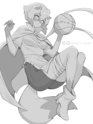 Rule 34 | 1girl, absurdres, animal ears, ankle boots, artist name, ball, bandaged leg, bandages, basketball, basketball (object), body fur, boots, brand new animal, breasts, cape, cleavage, commentary, from side, furry, furry female, gem, greyscale, hands up, high heel boots, high heels, highres, holding, instagram logo, kagemori michiru, looking at viewer, mandytsune, medium breasts, monochrome, multicolored hair, raccoon ears, raccoon girl, raccoon tail, short hair, short sleeves, shorts, simple background, smile, solo, tail, twitter logo, two-tone hair