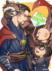 Rule 34 | 1girl, 3boys, ?, animal ears, animal nose, artist name, avengers: infinity war, avengers (series), baby, belt, black-framed eyewear, black dress, black eyes, black hair, blonde hair, blue eyes, blue shirt, blue vest, blush, border, brown belt, brown fur, brown hair, checkered cloak, cloak, closed mouth, commentary, crossover, doctor strange, dress, edna mode, english commentary, english text, facial hair, fang, fangs, glasses, grey hair, hand on own hip, hand up, holding, infinity gems, jewelry, kadeart, looking at another, looking down, looking up, marvel, marvel cinematic universe, multicolored hair, multiple boys, necklace, open mouth, orange background, outside border, raccoon, raccoon ears, raccoon tail, red cloak, rocket raccoon, round eyewear, shirt, short hair, simple background, smile, speech bubble, spiked hair, standing, sweatdrop, tail, tassel, teeth, the incredibles, two-sided cloak, two-sided fabric, two-tone hair, v-shaped eyebrows, vest, white border, zipper