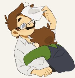 Rule 34 | 2boys, blue overalls, brown hair, facial hair, glasses, gloves, green shirt, luigi, male focus, mario, mario (series), mimimi (mimimim9999), multiple boys, mustache, nintendo, overalls, paper, shirt, short hair, simple background, white gloves