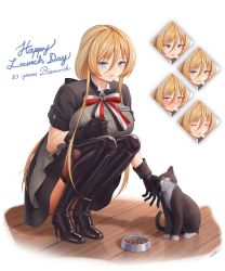 Rule 34 | 1girl, absurdres, azur lane, bismarck (azur lane), bismarck (iron black elysium) (azur lane), black dress, black footwear, black gloves, blonde hair, blue eyes, boots, breasts, cat, dress, expressions, framed breasts, full body, gloves, grey shirt, hair between eyes, high heels, highres, imperial german flag, large breasts, long hair, looking at viewer, official alternate costume, shirt, short sleeves, simple background, solo, squatting, thigh boots, thighhighs, unsinkable sam, white background, whitter, wooden floor