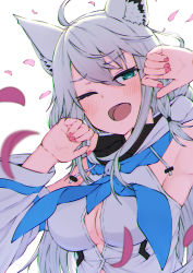 Rule 34 | 1girl, ahoge, animal ear fluff, animal ears, armpits, arms up, blue neckerchief, blush, braid, breasts, cleavage, commentary request, detached sleeves, fox ears, fox girl, green eyes, hair between eyes, highres, hololive, hood, hoodie, long hair, looking at viewer, medium breasts, nail polish, neckerchief, nemurimangetsu, one eye closed, open mouth, petals, red nails, shirakami fubuki, shirakami fubuki (1st costume), sidelocks, simple background, single braid, solo, virtual youtuber, white background, white hair, white hoodie
