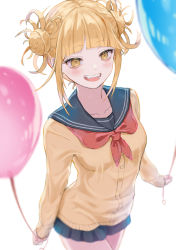 Rule 34 | 1girl, absurdres, balloon, black sailor collar, black skirt, blonde hair, blunt bangs, blurry, blush, boku no hero academia, breasts, cardigan, collarbone, commentary, depth of field, double bun, eyelashes, fang, foreshortening, from above, hair bun, hair up, highres, holding, holding balloon, kiina (mrnsor), looking ahead, messy hair, neckerchief, open mouth, perspective, pleated skirt, red neckerchief, sailor collar, school uniform, serafuku, sidelocks, skirt, slit pupils, small breasts, smile, smle, solo, toga himiko, white background, yellow cardigan, yellow eyes