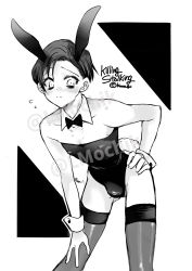 Rule 34 | 1boy, animal ears, black background, black thighhighs, blush, bulge, copyright name, crossdressing, detached sleeves, fake animal ears, fake tail, flying sweatdrops, gluteal fold, greyscale, hand on own hip, hand on own thigh, highres, killing stalking, leotard, looking to the side, male focus, male playboy bunny, monochrome, playboy bunny, rabbit ears, rabbit tail, short hair, tail, thighhighs, trap, two-tone background, user umkm3842, white background, wrist cuffs, yoon bum