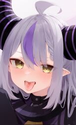 Rule 34 | 1girl, ahoge, blush, braid, braided bangs, collar, corrupted twitter file, highres, hololive, horns, la+ darknesss, la+ darknesss (1st costume), looking at viewer, metal collar, motoi (croa76), multicolored hair, pointy ears, purple hair, solo, streaked hair, striped horns, tongue, tongue out, virtual youtuber