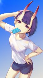 Rule 34 | 1girl, adjusting hair, alternate costume, arm up, blue background, blue shorts, blunt bangs, breasts, casual, collarbone, commentary request, contemporary, cowboy shot, eyeshadow, fang, fang out, fate/grand order, fate (series), food, food in mouth, from above, gradient background, grey shirt, gym shirt, gym shorts, hand on own hip, highres, horns, kotoribako, leaning forward, looking at viewer, looking up, makeup, mouth hold, oni, parted lips, popsicle, purple eyes, purple hair, shirt, short hair, short sleeves, shorts, shuten douji (fate), signature, skin-covered horns, small breasts, solo, standing, tsurime