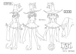 Rule 34 | 1girl, absurdres, bare shoulders, blair (soul eater), breasts, character sheet, dress, fingernails, full body, hat, highres, large breasts, looking at viewer, monochrome, multiple views, official art, open mouth, smile, solo, soul eater, standing, witch hat