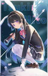 Rule 34 | 1girl, animal ears, astronaut, black jacket, black skirt, blouse, blue hair, brown footwear, character name, collared shirt, colored inner hair, earth (planet), fake animal ears, giant, giantess, hanakasumi, head tilt, highres, jacket, loafers, moon, multicolored hair, nijisanji, plaid, plaid skirt, planet, purple eyes, rabbit ears, shirt, shoes, skirt, solo focus, squatting, thighhighs, tsukino mito, tsukino mito (1st costume), vest, virtual youtuber, white shirt, white thighhighs, yellow vest
