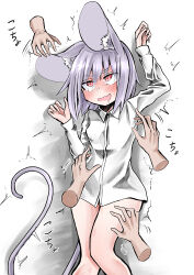 Rule 34 | 1girl, absurdres, animal ears, blush, bottomless, breasts, collared shirt, commentary request, feet out of frame, ginger ale (syouga 6383), grey hair, highres, long sleeves, mouse ears, mouse girl, mouse tail, nazrin, nose blush, open mouth, red eyes, shirt, short hair, small breasts, solo focus, tail, tickling, tickling armpits, tickling ears, tickling legs, tickling sides, touhou, white background, white shirt