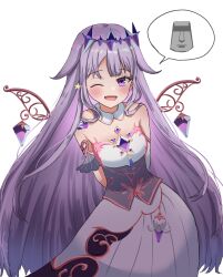 Rule 34 | 1girl, absurdres, arms behind back, blush, chest jewel, corset, crown, detached collar, dress, gem, highres, hololive, hololive english, koseki bijou, looking at viewer, moai, multicolored hair, one eye closed, open mouth, purple eyes, purple hair, sharkudon, smile, speech bubble, virtual youtuber, white background, wings, wink