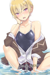 Rule 34 | 1girl, bare shoulders, blonde hair, blouse, blue one-piece swimsuit, blush, bracelet, breasts, brown jacket, collarbone, competition school swimsuit, dress shirt, ear piercing, highres, idolmaster, idolmaster shiny colors, jacket, jewelry, looking at viewer, nukkoru, off shoulder, one-piece swimsuit, open clothes, open jacket, open mouth, piercing, plaid, plaid skirt, pleated skirt, purple eyes, saijo juri, school swimsuit, shirt, short hair, simple background, sitting, skirt, sleeves rolled up, small breasts, solo, swimsuit, swimsuit under clothes, water, wet, wet clothes, white background, white shirt