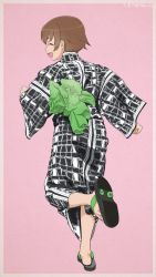Rule 34 | 1girl, akagi (fmttps), artist name, black footwear, black kimono, brown hair, closed eyes, facing away, freckles, from behind, full body, girls und panzer, hand fan, highres, holding, holding fan, japanese clothes, kimono, long sleeves, obi, open mouth, paper fan, print kimono, running, sandals, sash, short hair, smile, solo, standing, standing on one leg, tsuchiya (girls und panzer), twitter username, uchiwa, wide sleeves, yukata