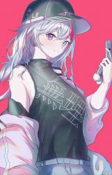 Rule 34 | baseball cap, black hat, black shirt, blue eyes, cellphone, e20 (79324944), girls&#039; frontline, girls&#039; frontline neural cloud, hair between eyes, hat, highres, holding, holding phone, jacket, kuro (neural cloud), long hair, looking at viewer, mdr (girls&#039; frontline), multicolored hair, open clothes, parted bangs, phone, pink background, pink eyes, pink hair, shirt, simple background, smile, tank top, two-tone hair, white hair, white jacket