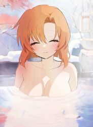 Rule 34 | 1girl, ^ ^, arms at sides, blunt ends, blush, breasts, cleavage, closed eyes, collarbone, commentary request, completely nude, eyelashes, facing viewer, hair between eyes, happy, highres, higurashi no naku koro ni, large breasts, nude, onsen, orange hair, parted bangs, parted lips, ripples, rock, ryuuguu rena, short hair, sidelighting, smile, solo, upper body, water, water drop, yuno ff