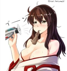 Rule 34 | 1girl, aircraft, airplane, akagi (kancolle), arai harumaki, bad id, bad twitter id, bare shoulders, blush, breasts, brown eyes, brown hair, cleavage, hair between eyes, kantai collection, large breasts, long hair, messy hair, off shoulder, simple background, solo, third-party source, twitter username, upper body, white background