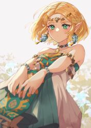 Rule 34 | 1girl, bare shoulders, blonde hair, blush, braid, commentary request, dress, earrings, foreshortening, green eyes, hair ornament, highres, jewelry, looking at viewer, necklace, nintendo, parted bangs, perspective, pointy ears, princess zelda, seri (yuukasakura), short hair, sidelocks, sitting, solo, the legend of zelda, the legend of zelda: tears of the kingdom, thick eyebrows