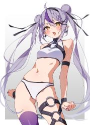Rule 34 | 1girl, ahoge, bare shoulders, blush, breasts, cowboy shot, crop top, cuffs, double bun, fang, hair bun, hair ornament, hairband, highres, hololive, la+ darknesss, long hair, misekiss, multicolored hair, navel, open mouth, panties, pointy ears, purple hair, purple thighhighs, shackles, single thighhigh, skin fang, small breasts, solo, streaked hair, thigh strap, thighhighs, twintails, underwear, virtual youtuber, white panties, x hair ornament