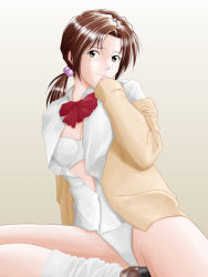 Rule 34 | 1girl, bow, bra, brown eyes, brown hair, crotch, freckles, gradient background, hair bobbles, hair ornament, horaki hikari, loafers, looking at viewer, low twintails, neon genesis evangelion, open clothes, open shirt, panties, partially undressed, school uniform, shirt, shoes, sitting, solo, twintails, underwear, undressing, white panties