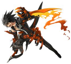 Rule 34 | 1boy, angry, belt, black hair, black pants, black shirt, blouse, claws, elsword, fighting stance, full body, gloves, highres, holding, holding sword, holding weapon, jewelry, male focus, mechanical arms, necklace, official art, open mouth, orange eyes, pants, raven cronwell, reckless fist (elsword), ress, reverse grip, shirt, single mechanical arm, solo, spiked hair, sword, teeth, transparent background, weapon