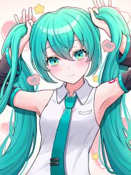 Rule 34 | 1girl, :|, aqua eyes, aqua hair, aqua necktie, arms up, breast pocket, bunching hair, closed mouth, collared shirt, dot nose, gradient background, hair between eyes, hair intakes, hatsune miku, head tilt, heart, highres, holding, holding own hair, light blush, long hair, looking at viewer, necktie, number tattoo, pocket, shirt, shoulder tattoo, sidelocks, simple background, spoken blush, spoken heart, star (symbol), tattoo, tie clip, twintails, twintails day, upper body, uzuki sena, very long hair, vocaloid, white background, white shirt