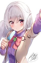Rule 34 | 1girl, bow, bowtie, expressionless, food, highres, holding, holding food, holding popsicle, jacket, kishin sagume, long sleeves, looking at viewer, niko kusa, open clothes, open jacket, popsicle, purple shirt, red bow, red bowtie, red eyes, shirt, solo, touhou, white background, white hair, white wings, wings, yellow jacket