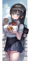 Rule 34 | 1girl, backpack, bag, black hair, black skirt, blue eyes, blue sky, bow, bowtie, breasts, closed mouth, cloud, commentary request, cup, day, drinking straw, food, highres, holding, holding cup, holding food, hot dog, large breasts, long hair, looking at viewer, original, outdoors, pleated skirt, red bow, red bowtie, school uniform, shirt, short sleeves, skirt, sky, solo, standing, thighs, voruvoru, white shirt