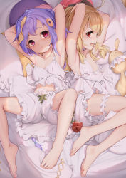 Rule 34 | 2girls, an-telin, armpits, arms behind head, arms up, bare arms, barefoot, blonde hair, blush, bridal garter, commentary request, dodoco (genshin impact), feet, female focus, flower, genshin impact, highres, klee (genshin impact), long hair, looking at another, looking at viewer, lying, multiple girls, ofuda, on back, on bed, on side, open mouth, parted lips, purple hair, qiqi (genshin impact), red eyes, red flower, red rose, rose, shirt, shorts, sideways glance, sleeveless, sleeveless shirt, smile, very long hair, white shirt, white shorts