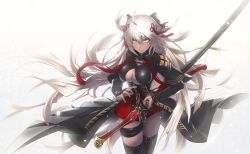 Rule 34 | 1girl, ahoge, arikanrobo, arm guards, battoujutsu stance, black bow, black coat, black footwear, boots, bow, breasts, closed mouth, coat, collarbone, commentary request, dark-skinned female, dark skin, dress, family crest, fate (series), fighting stance, floating hair, hair between eyes, hair bow, hair ornament, high collar, highres, holding, holding sheath, koha-ace, large breasts, light particles, long hair, looking at viewer, okita souji (fate), okita souji (koha-ace), okita souji alter (fate), ootachi, open clothes, open coat, ready to draw, red dress, serious, sheath, short dress, short sleeves, silver hair, solo, standing, tassel, thigh boots, thigh strap, thighhighs, v-shaped eyebrows, v-shaped eyes, very long hair, white background, white eyes, wind
