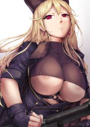 Rule 34 | 1girl, anti-materiel rifle, areola slip, black gloves, blonde hair, bodysuit, bolt action, breasts, cleavage cutout, closed mouth, clothing cutout, covered erect nipples, earrings, fingerless gloves, framed breasts, fur-trimmed jacket, fur trim, girls&#039; frontline, gloves, gradient background, gun, hat, head tilt, highres, hiroki ree, holding, holding gun, holding weapon, jacket, jewelry, large breasts, long hair, looking at viewer, military, military uniform, nipple slip, nipples, o-ring, ptrd-41, ptrd (girls&#039; frontline), revealing clothes, rifle, sidelocks, signature, simple background, sleeves rolled up, sniper rifle, solo, underboob, underboob cutout, uniform, upper body, weapon