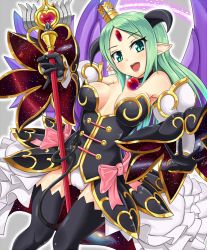 Rule 34 | 1girl, :d, alfine, black thighhighs, breasts, cleavage, crown, demon horns, demon tail, demon wings, detached sleeves, green eyes, green hair, hawe king, holding, horns, long hair, looking at viewer, matching hair/eyes, open mouth, pointy ears, shinrabanshou, smile, solo, staff, tail, thighhighs, wings