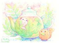 Rule 34 | :3, animal, animal focus, artist logo, artist name, axolotl, bad id, bad pixiv id, bisquii, chibi, closed mouth, colorful, commentary, english commentary, fish, fluffy, food, green tea, holding, leaf, looking at another, marshmallow, no humans, original, painting (medium), red panda, see-through, smile, sparkle, tail raised, tea, teapot, traditional media, watercolor (medium)