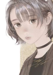 Rule 34 | 1girl, asymmetrical bangs, black choker, black eyes, black hair, blunt bangs, choker, close-up, closed mouth, english text, expressionless, from side, hair behind ear, highres, lips, looking at viewer, looking to the side, matayoshi, open clothes, original, parted bangs, portrait, short hair, signature, solo, thank you