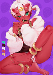 Rule 34 | 1girl, absurdres, bare shoulders, barefoot, blue eyes, cameltoe, chain, claws, colored sclera, colored skin, drooling, earrings, fangs, feet, female focus, food print, hair ornament, highres, horns, jewelry, looking at viewer, mole, mole on thigh, mole under eye, mole under mouth, mouth pull, nikubou maranoshin, oni, oni horns, open mouth, original, panties, partially visible vulva, pointy ears, print panties, purple background, red oni, red skin, sharp teeth, short hair, sitting, snake, solo, strawberry background, strawberry panties, strawberry print, teeth, toe ring, toes, underwear, uneven eyes, white hair, yellow sclera