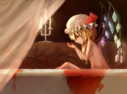 Rule 34 | 1girl, absurdres, bath, bath of blood, bathing, blonde hair, blood, blood on hands, blood stain, bow, breasts, candle, candlelight, candlestand, colored eyelashes, curtains, fingernails, fire, fire, flandre scarlet, floral print, hat, hat bow, highres, knees, looking down, mob cap, nude, open mouth, red eyes, ribbon-trimmed headwear, ribbon trim, saliva, side ponytail, sitting, small breasts, solo, tearing up, tongue, touhou, tub, vampire, wax, wings, yukineko