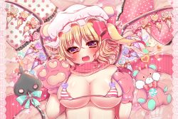 Rule 34 | 1girl, :d, animal ears, animal hands, aqua bow, aqua ribbon, areola slip, bear ears, blonde hair, blue bow, blush, border, bow, breasts, candy, cleavage, eyebrows, fake animal ears, fangs, female focus, flandre scarlet, food, food print, frilled pillow, frills, gloves, hair between eyes, hair bow, hat, heart, lace, lace border, laevatein, large breasts, lollipop, looking at viewer, matasabuyarou, micro bra, mob cap, no shirt, open mouth, ornate border, paw gloves, pillow, polka dot, polka dot bow, red bow, red eyes, red ribbon, ribbon, scarf, side ponytail, smile, solo, star (symbol), strap slip, strawberry print, striped, stuffed animal, stuffed toy, teddy bear, touhou, upper body, wings