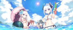 Rule 34 | 4girls, asicah, bad id, bad pixiv id, ball, bare shoulders, beachball, bikini, blue hair, blush, book, bracelet, breasts, brown eyes, chestnut mouth, cleavage, cloud, collarbone, day, demon horns, diving mask, diving mask on head, drink, earrings, eyewear on head, flower, frilled bikini, frills, frown, goggles, goggles on head, green eyes, hair flower, hair ornament, hair ribbon, hands on own hips, highres, holding, horns, innertube, jewelry, lens flare, long hair, looking at viewer, medium breasts, multiple girls, navel, one-piece swimsuit, open book, open mouth, orange hair, original, outdoors, parasol, parted lips, partially submerged, pink bikini, purple eyes, ribbon, school swimsuit, shirt, short sleeves, sky, smile, snorkel, sparkle, standing, sun, sunglasses, swim ring, swimsuit, umbrella, updo, water, water gun, white bikini, white hair, white one-piece swimsuit