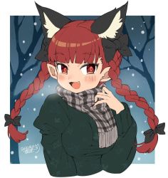 Rule 34 | 1girl, animal ear fluff, animal ears, black bow, blunt bangs, blush, bow, braid, breasts, breath, cat ears, cropped torso, dated, duplicate, extra ears, fang, fingernails, green sweater, hair bow, hand up, iroyopon, kaenbyou rin, long hair, long sleeves, looking at viewer, medium breasts, nail polish, open mouth, plaid, plaid scarf, pointy ears, red eyes, red hair, red nails, scarf, sharp fingernails, signature, smile, snowing, solo, sweater, touhou, tree, twin braids, twintails, upper body, very long fingernails, winter clothes