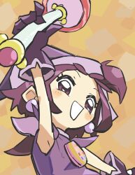 Rule 34 | 1girl, :d, absurdres, arm up, blush, chieo, commentary request, dress, gloves, hat, highres, looking at viewer, magical girl, ojamajo doremi, one side up, open mouth, purple dress, purple eyes, purple gloves, purple hair, segawa onpu, short hair, smile, solo, upper body, wand, witch hat