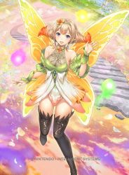 Rule 34 | 1girl, bare shoulders, boots, commentary request, company name, copyright name, dress, fairy, fairy wings, fire emblem, fire emblem cipher, fire emblem heroes, long hair, nintendo, official art, peony (fire emblem), pointy ears, see-through, short dress, simple background, sleeveless, solo, thigh boots, thighhighs, wings, yamada koutarou